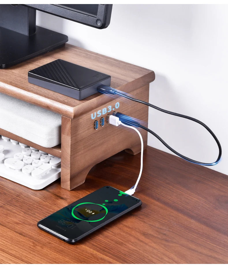 HANDMADE OAK WOOD SCREEN HOLDER WITH CHARGERS Desktop Monitor Riser Office Computer Stand with USB Extension Solid Wood Drawer Organizer Space-Saving Storage Frame for Desk