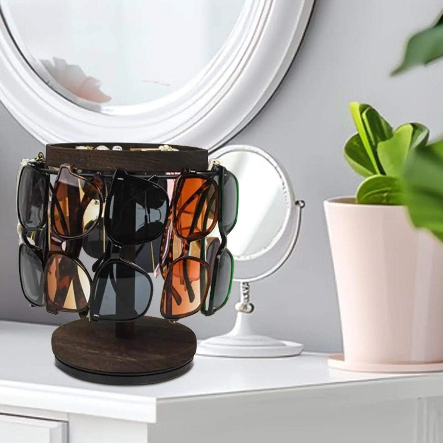 HANDMADE Sunglass Organizer 360 Degree Rotating Sunglasses Stand With Tray And Base Wooden Eyeglass Display Rack For Bedroom Desk Bedside