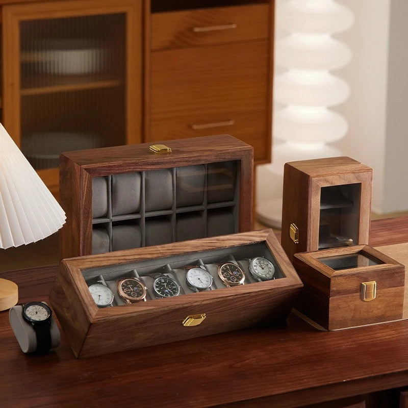 HANDMADE Black Walnut Watch Box Luxury Retro Watches Storage Boxes Man Mechanical Watch Display Case Transparent Skylight Organizer Gift