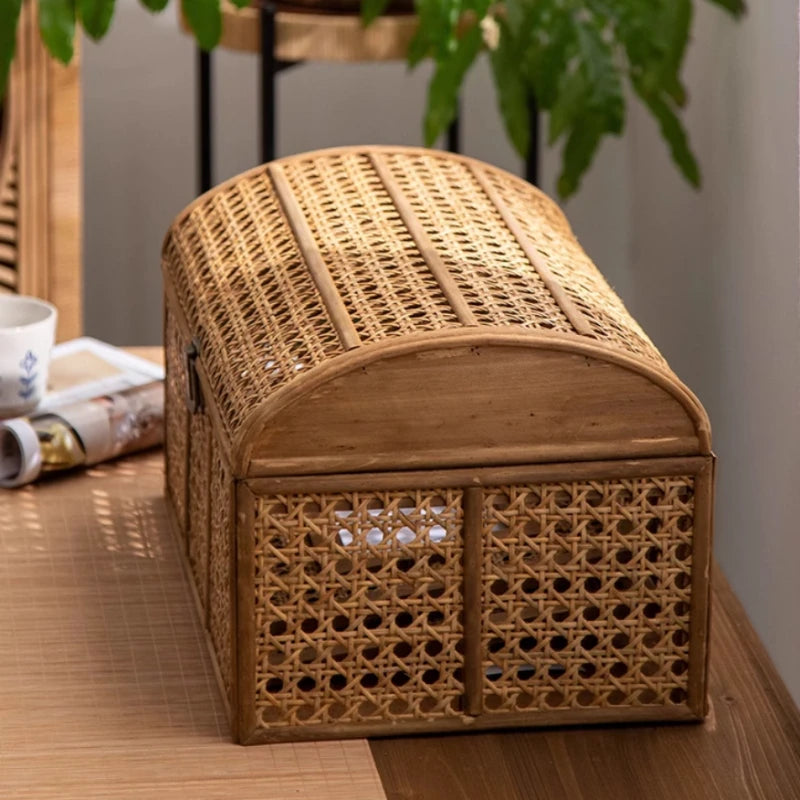 HANDMADE Rattan Style Storage Basket with Lid Makeup Organizer Box Multifunctional Snack Container Desktop Cosmetic Holder Home Organizer