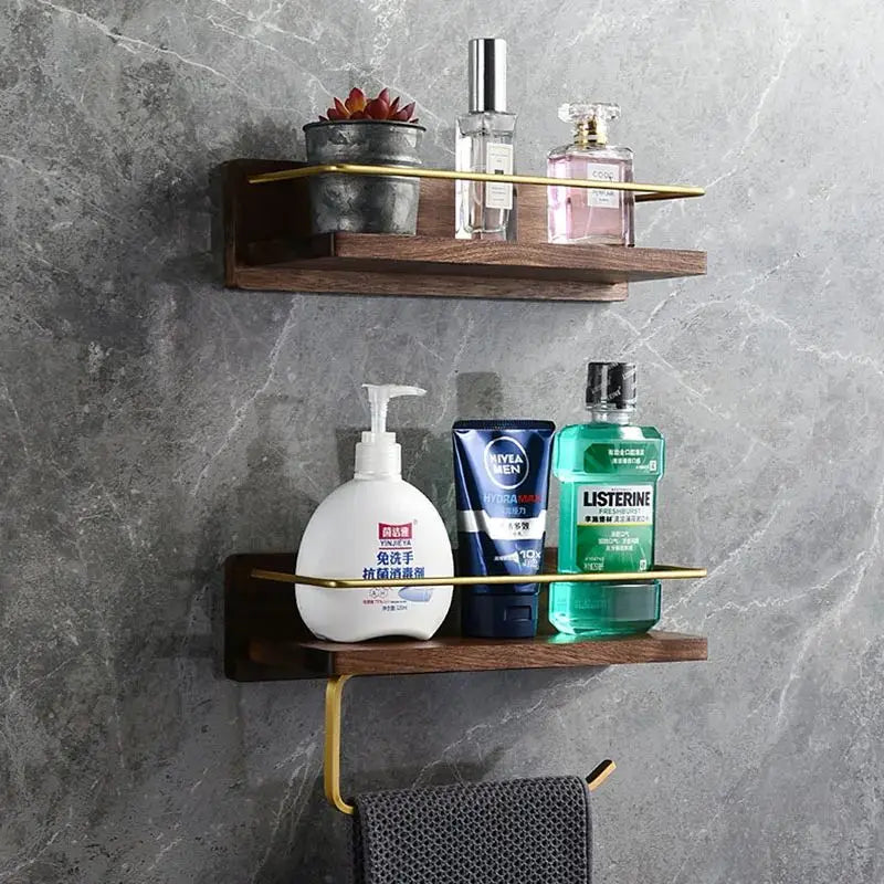 HANDMADE Wooden Bathroom Shelf Wall Bathroom Towel Rack With Hook Aluminum Shower Storage Rack Shampoo Holder Bathroom Accessories