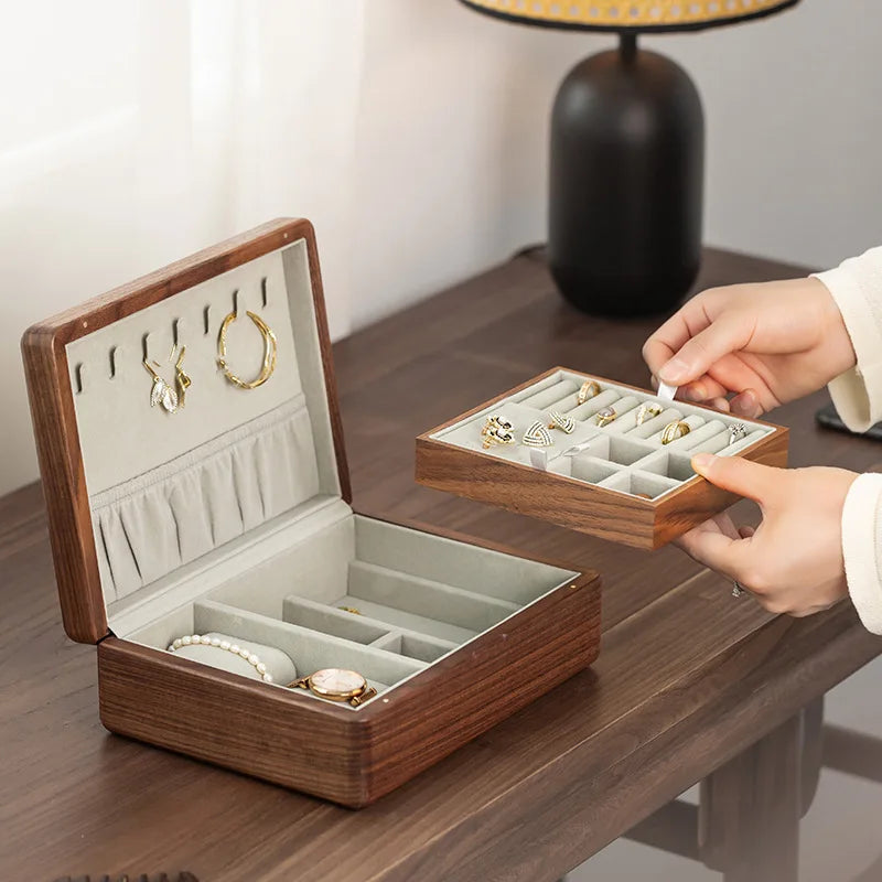 hadnmade Jewelry Box Double Layer Wooden Cases with Multi-compartments Necklace Bracelets Earrings Organizer Walnut Wood Jewelry Boxes