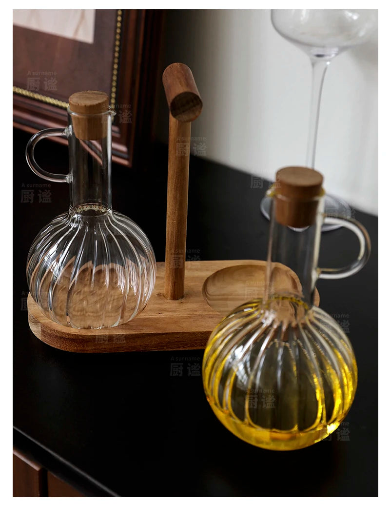 HANDMADE Glass Oil Pan Kitchen Household Wooden Lidseasoning Bottle Storage Rack High-temperatureresistant Storagetanksoysauce Bottle Set