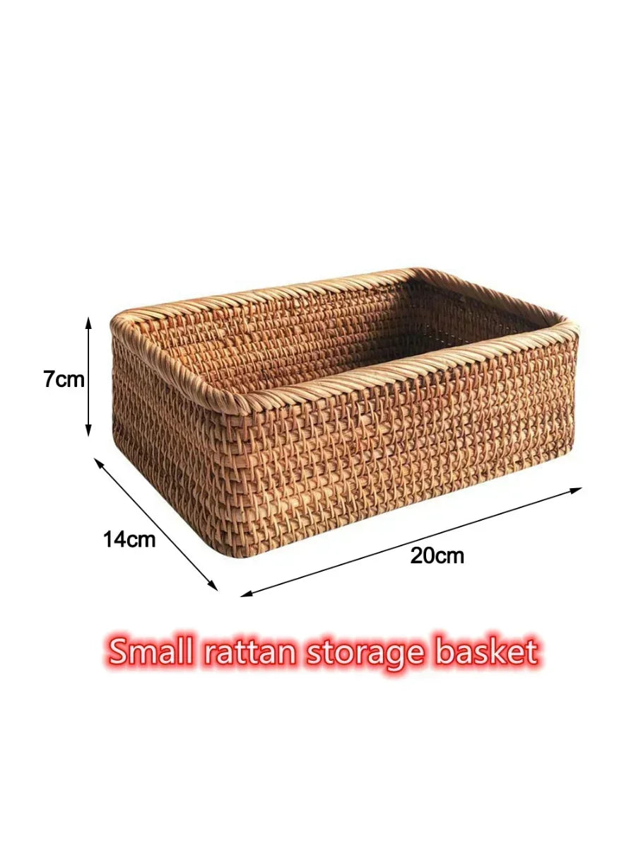 handmade Handwoven Rectangular Rattan Wicker Basket Fruit Tea Snack Bread Picnic Cosmetic Storage Box Kitchen Supplies Household Tools