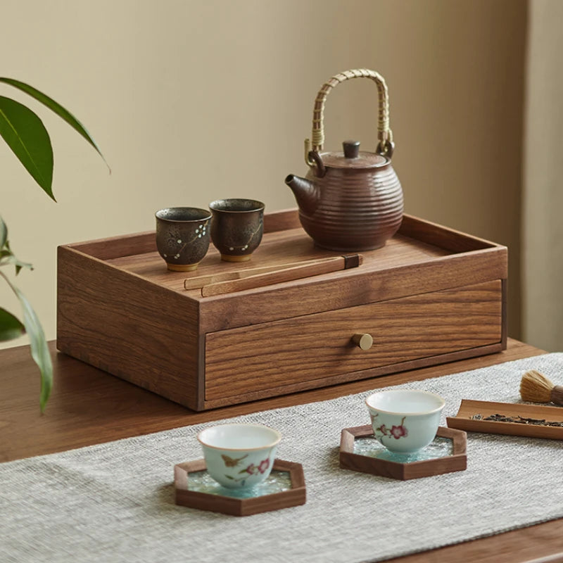 HANDMADE Walnut Wood Desktop Organizer with Drawers Japanese Style Storage Box for Cosmetics Multi Compartment Office Storage Solution