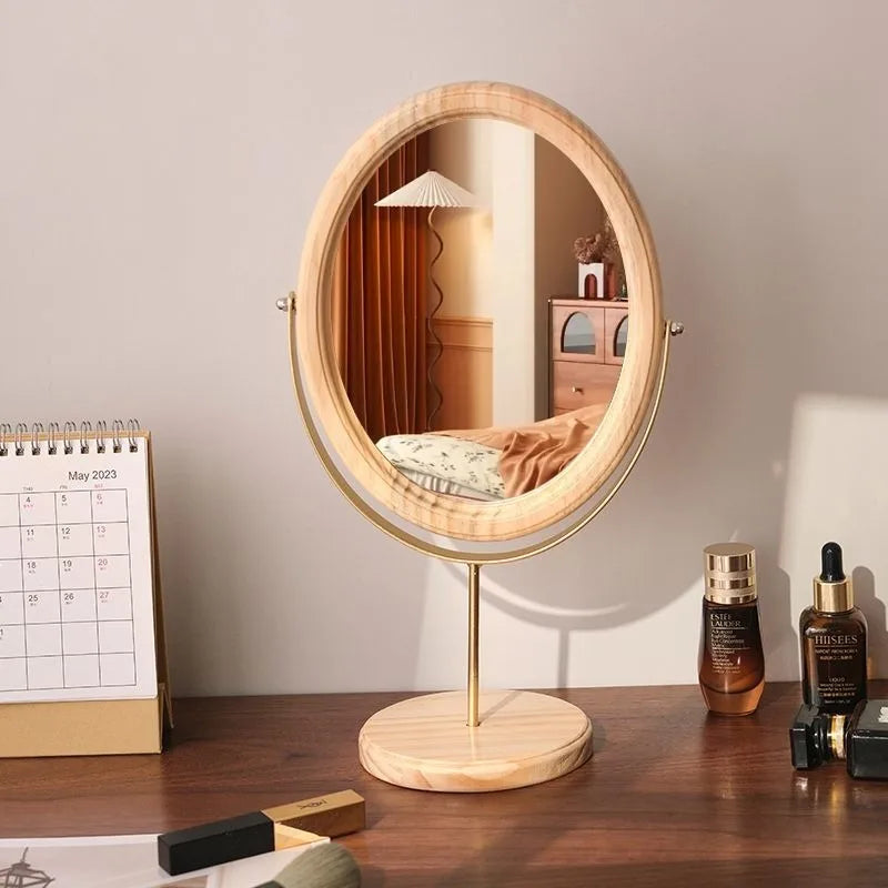 HANDMADE Espejo Decorativo Retro Chinese Style Wooden Vanity Mirror Rotatable Desktop Vanity Mirror Simple Dormitory Desktop Ornament