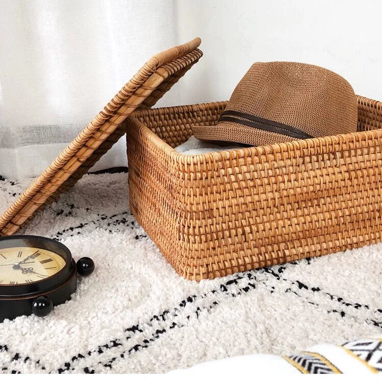 handmade Hand-Woven Rattan Laundry Basket with Cover Large Clothing Sundry Books Primary Color Storage Basket Home Supplies