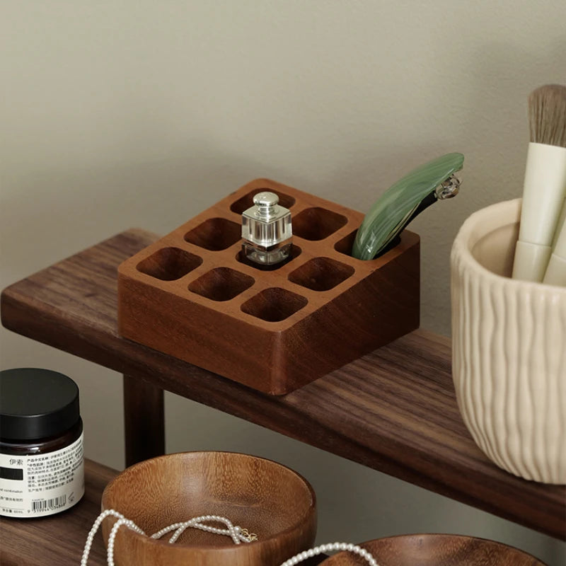 handmade Solid Wood Compartmentalized Essential Oil Storage Shelf Desktop Lipstick Storage Cosmetics Perfume Sample Stand