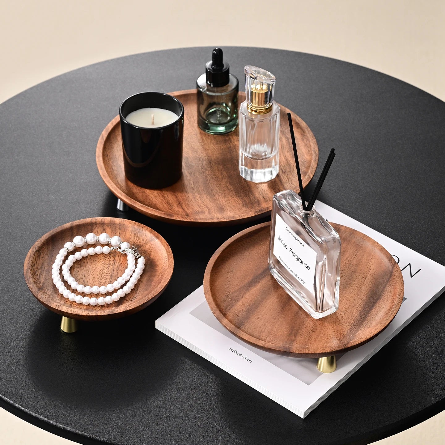 hadnmade entrance Solid Wood Key Perfume Tray, Vintage Style Cosmetics and Jewelry Tray, Wooden Round Incense Tabletop Storage Tray, Walnut Fruit Tray