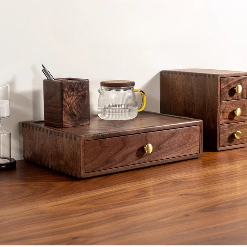 handmade A4 Paper File Storage Box Black Walnut Wood Storage Drawer Desktop Organizer with Brass Handle Flexible Combination Home Storage