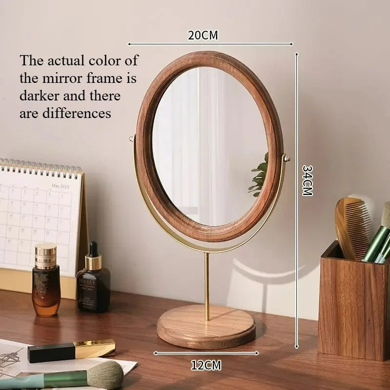 HANDMADE Espejo Decorativo Retro Chinese Style Wooden Vanity Mirror Rotatable Desktop Vanity Mirror Simple Dormitory Desktop Ornament