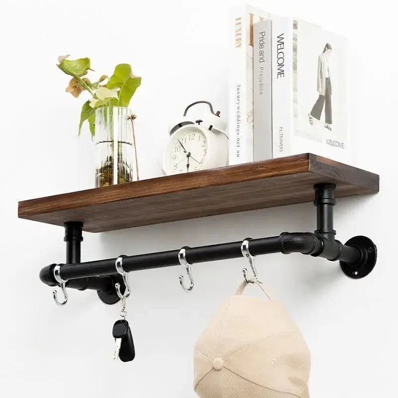 HANDMADE Solid Wood Home Storage Rack Entryway Key Organizer with Moisture-Proof Shelf And Stainless Steel Rod for Hallway Organization