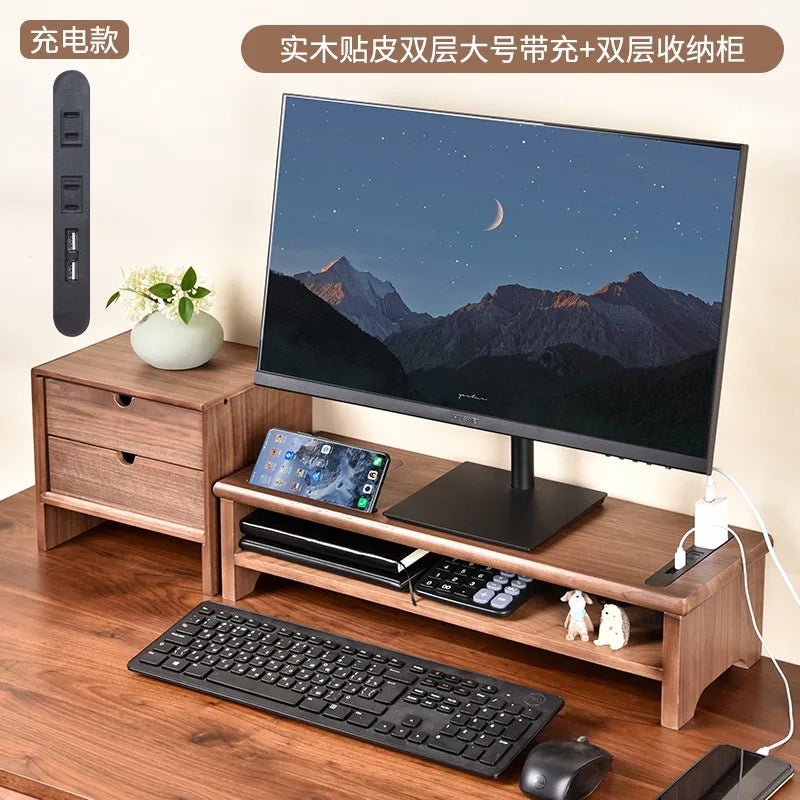 HANDMADE OAK WOOD SCREEN HOLDER WITH CHARGERS Desktop Monitor Riser Office Computer Stand with USB Extension Solid Wood Drawer Organizer Space-Saving Storage Frame for Desk