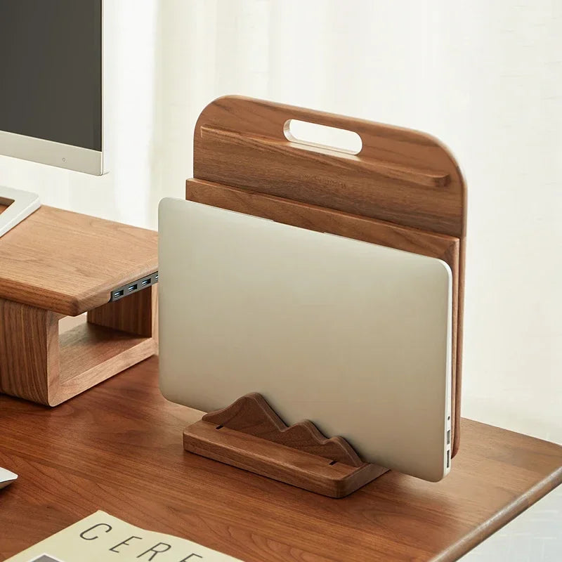 HANDMADE Laptop Vertical Storage Stand Custom Soild Wood Landscape Theme Walnut Wood Base Stand Desktop Decoration Custom Wooden Stand