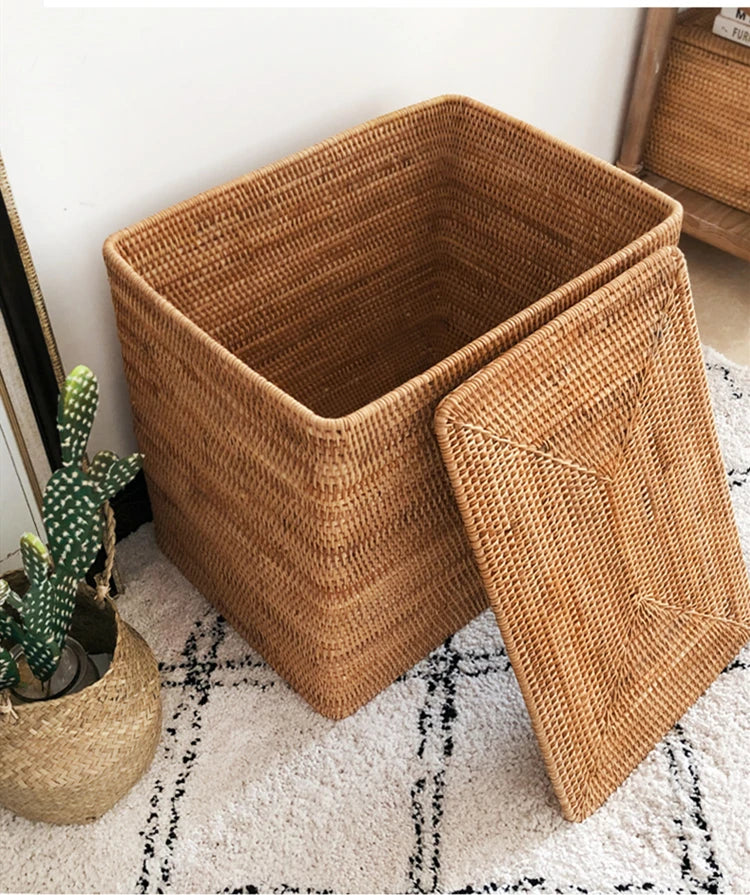 handmade Hand-Woven Rattan Laundry Basket with Cover Large Clothing Sundry Books Primary Color Storage Basket Home Supplies