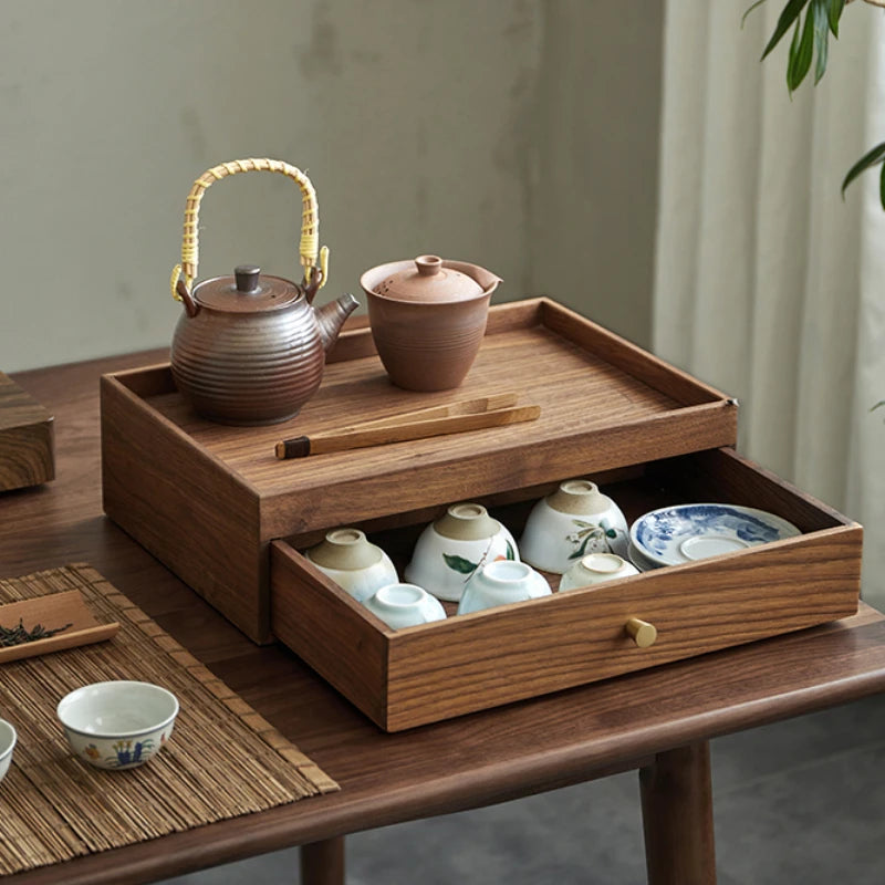 HANDMADE Walnut Wood Desktop Organizer with Drawers Japanese Style Storage Box for Cosmetics Multi Compartment Office Storage Solution