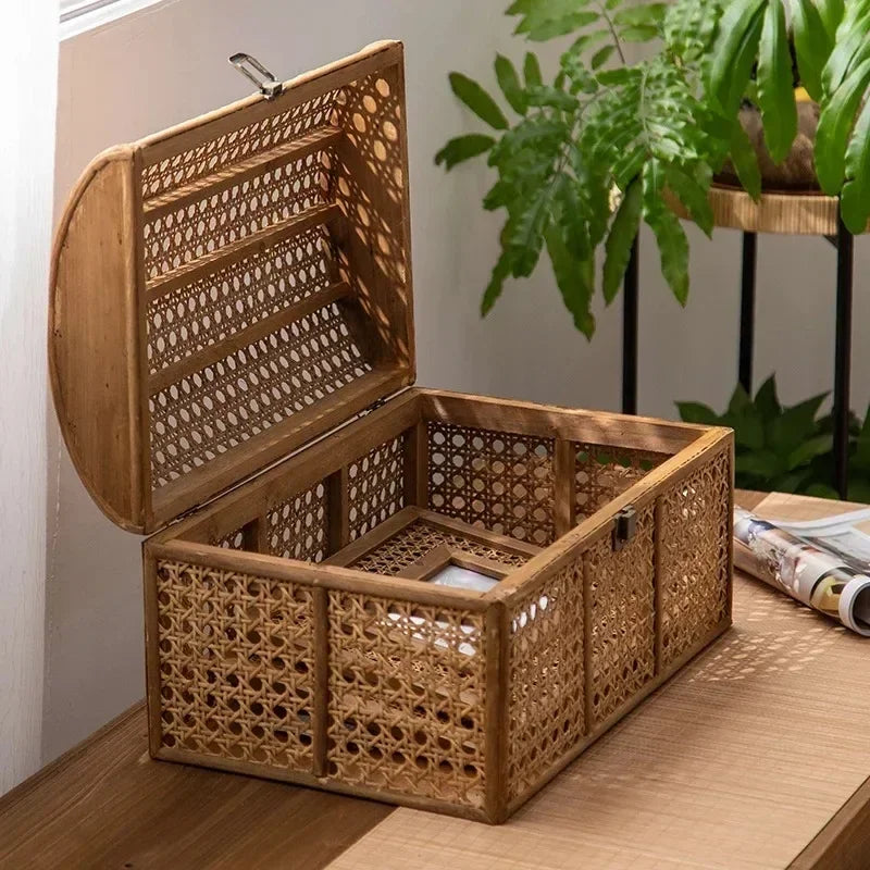 HANDMADE Rattan Style Storage Basket with Lid Makeup Organizer Box Multifunctional Snack Container Desktop Cosmetic Holder Home Organizer