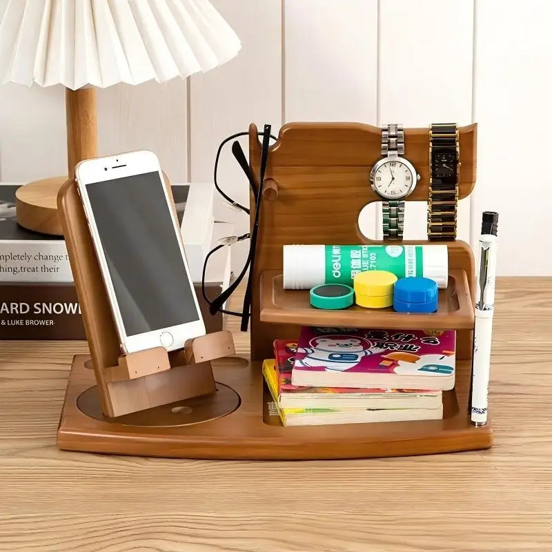 HANDMADE Wooden Standing Type Multi-Tier Tableware Holder Desktop Storage Rack with Charging Function