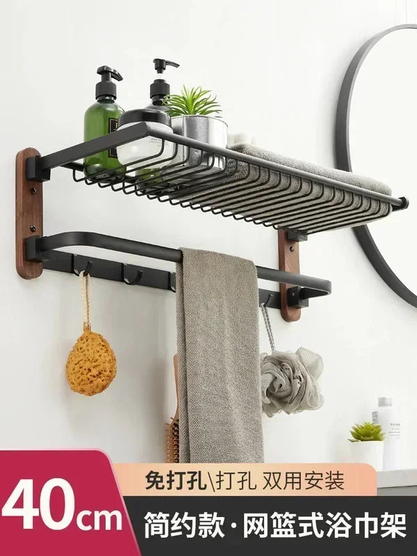 handmade Walnut Wood Towel Holder Non Punching Rack Waterproof Moisture-proof Bathroom Storager Foldable Shelves High Load-bearing Hanger
