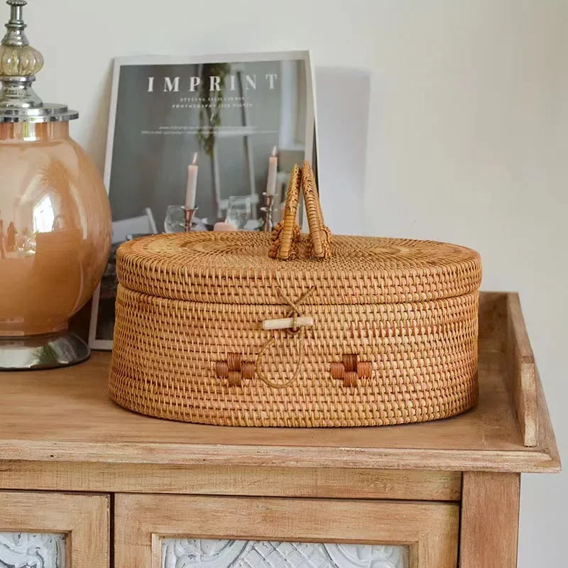 handmade Handwoven Rattan Storage Box with Handle Wicker Ornament Box Tea set Container Picnic Bread Fruit Cake Basket Kitchen Organizer