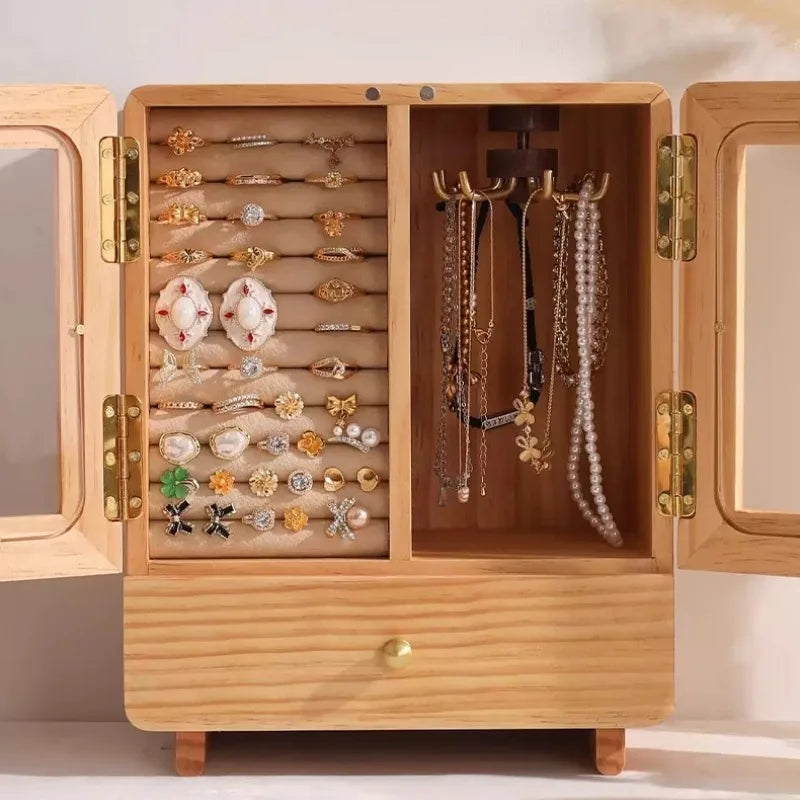DUPLI HANDMADE Solid Wood Jewelry Box Transparent Glass Retro Showcase Boxes Necklace Earring Bracelet Storage Case Display Organizer Supplies