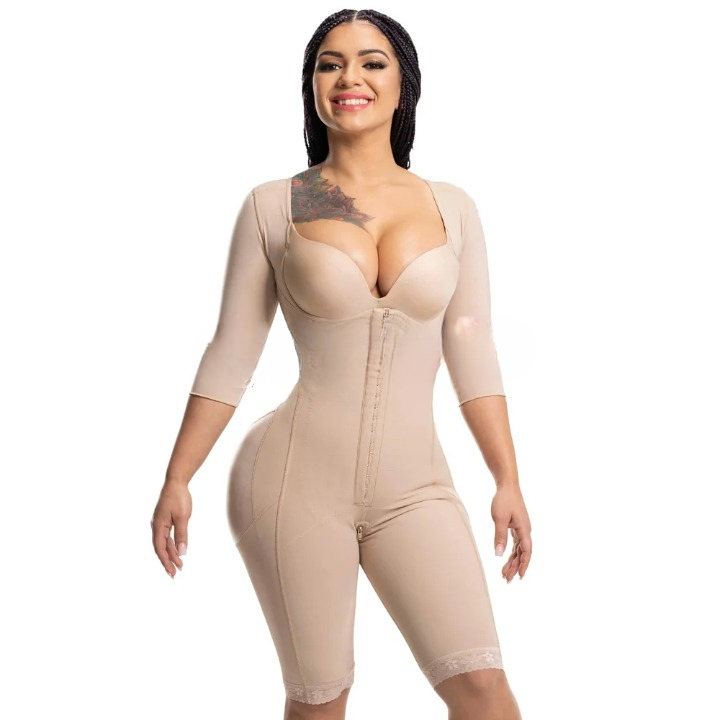 7655 Seamless Full Body Shaper with Sleeves & Bra – Elastic, Push-Up, Adjustable Shapewear Bodysuit with Hook & Eye Closure