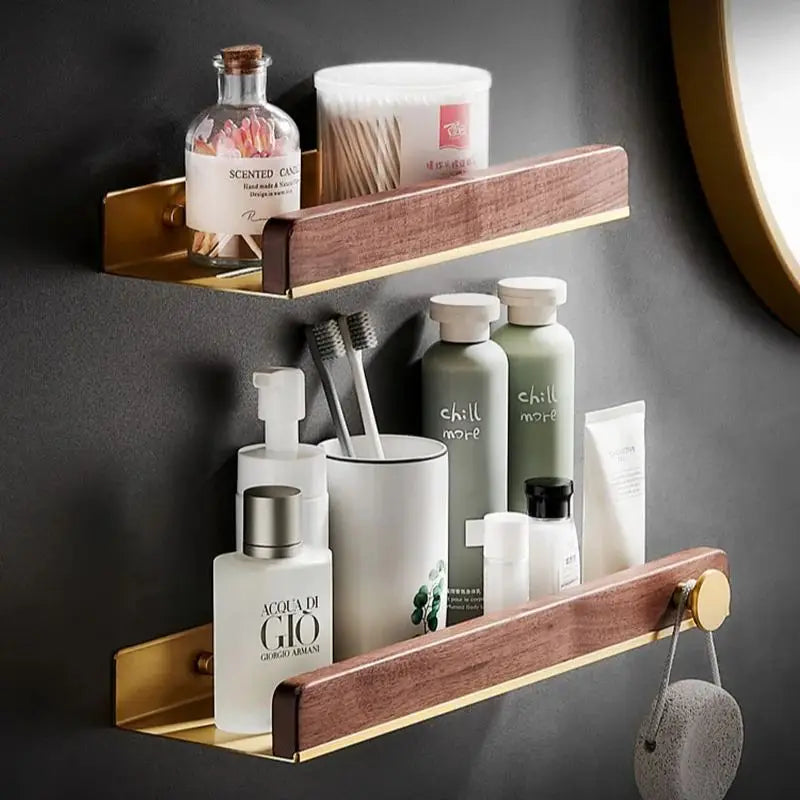 HANDMADE 30-50cm Brushed Gold Bathroom Corner Shelf Wall-mounted Shower Room Toilet Walnut Wood Cosmetic Storage Rack with Hook Rod