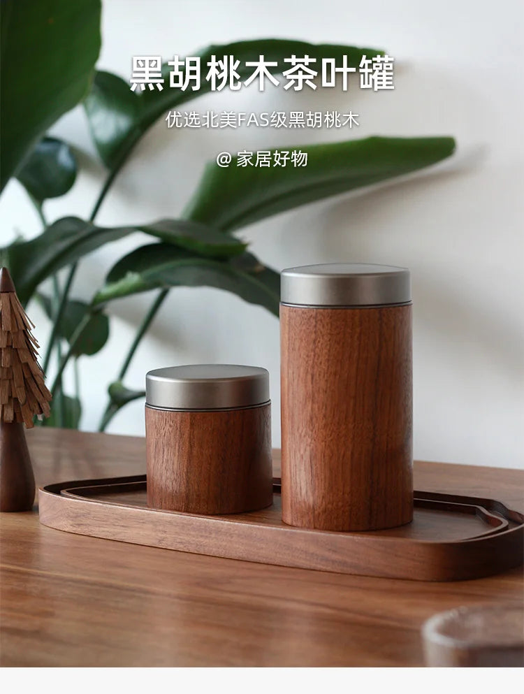 HADNMADE  Black Walnut Wood Tea Can – Premium Mini Tea Bin Aluminum Lid Sealed Storage Vintage Leaf Holder