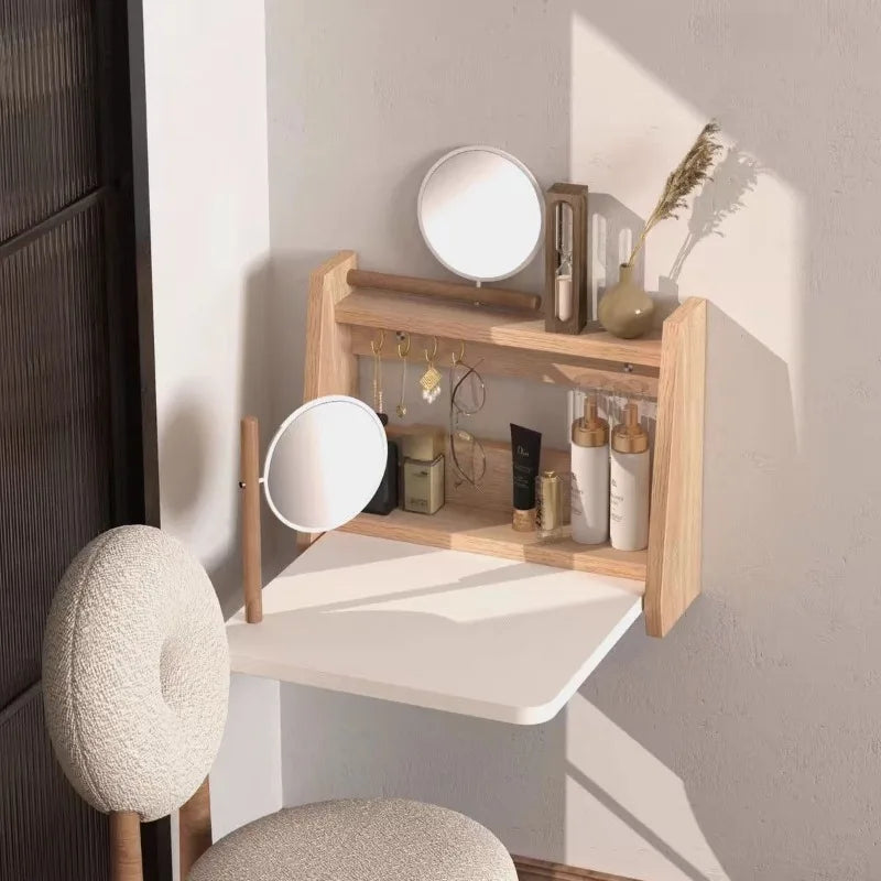 WOOD PINE HANDMADE WALL STORAGE Suspended Vanity Table Wooden Folding Dressing Tables Modern Makeup Desk Multipurpose Simple Dressers Desks Bedroom Furniture