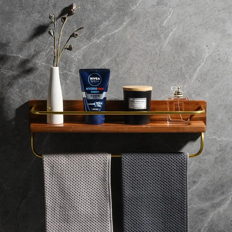HANDMADE Wooden Bathroom Shelf Wall Bathroom Towel Rack With Hook Aluminum Shower Storage Rack Shampoo Holder Bathroom Accessories