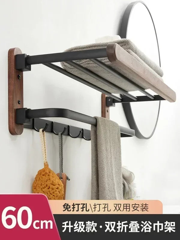 handmade Walnut Wood Towel Holder Non Punching Rack Waterproof Moisture-proof Bathroom Storager Foldable Shelves High Load-bearing Hanger