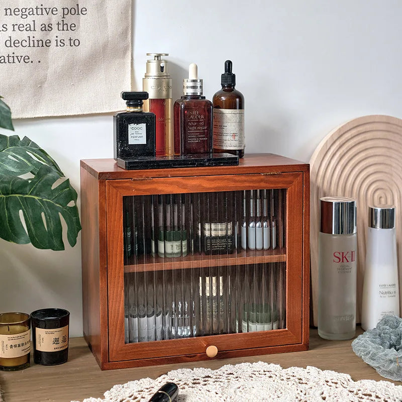 HANDMADE Cosmetic storage cabinet Changhong glass small cabinet clamshell cabinet door solid wood desktop retro European double-layer sto