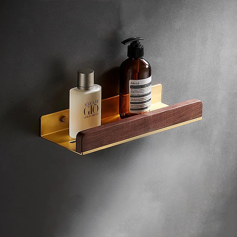 HANDMADE 30-50cm Brushed Gold Bathroom Corner Shelf Wall-mounted Shower Room Toilet Walnut Wood Cosmetic Storage Rack with Hook Rod