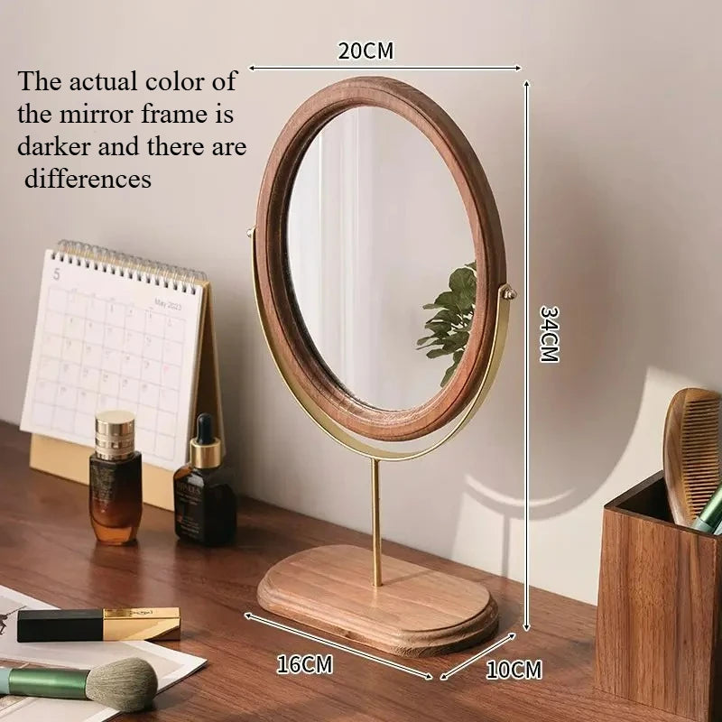 HANDMADE Espejo Decorativo Retro Chinese Style Wooden Vanity Mirror Rotatable Desktop Vanity Mirror Simple Dormitory Desktop Ornament