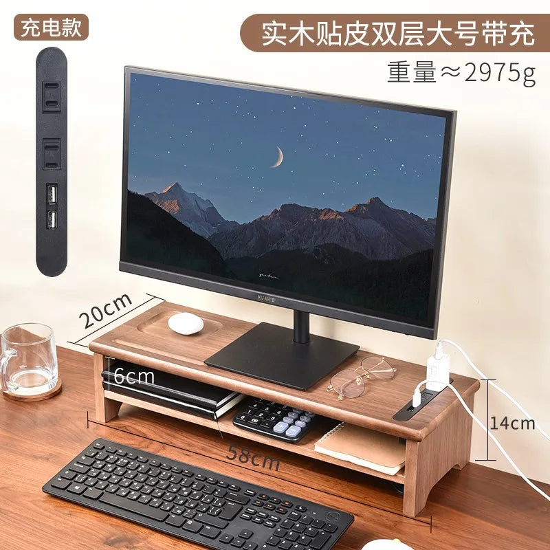 HANDMADE OAK WOOD SCREEN HOLDER WITH CHARGERS Desktop Monitor Riser Office Computer Stand with USB Extension Solid Wood Drawer Organizer Space-Saving Storage Frame for Desk