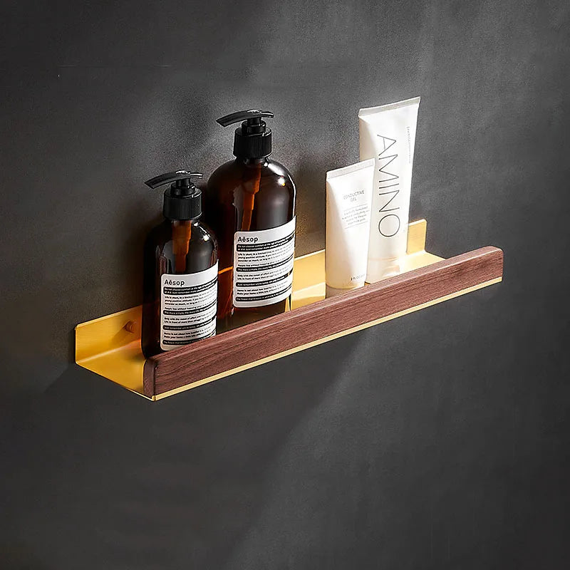HANDMADE 30-50cm Brushed Gold Bathroom Corner Shelf Wall-mounted Shower Room Toilet Walnut Wood Cosmetic Storage Rack with Hook Rod
