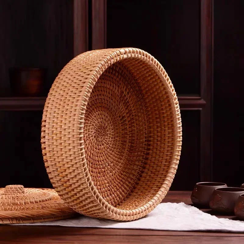 handmade rattan basket storage New Hand-woven Basket Primary Colours Simple Retro Rattan Storage Boxes with Lids Jewelry Tea Set Storage Boxes Household Items