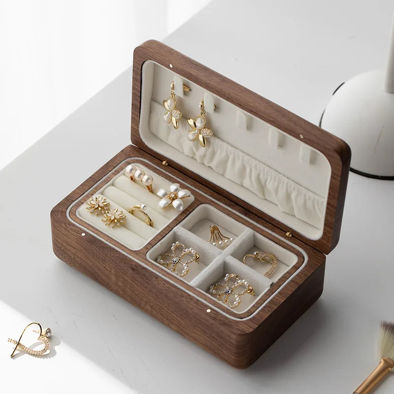 HANDMADE Double Layer Jewelry Box Wooden Cases Necklace Bracelets Earrings Storage Organizer Wedding Gift Black Walnut Wood Jewelry Boxes