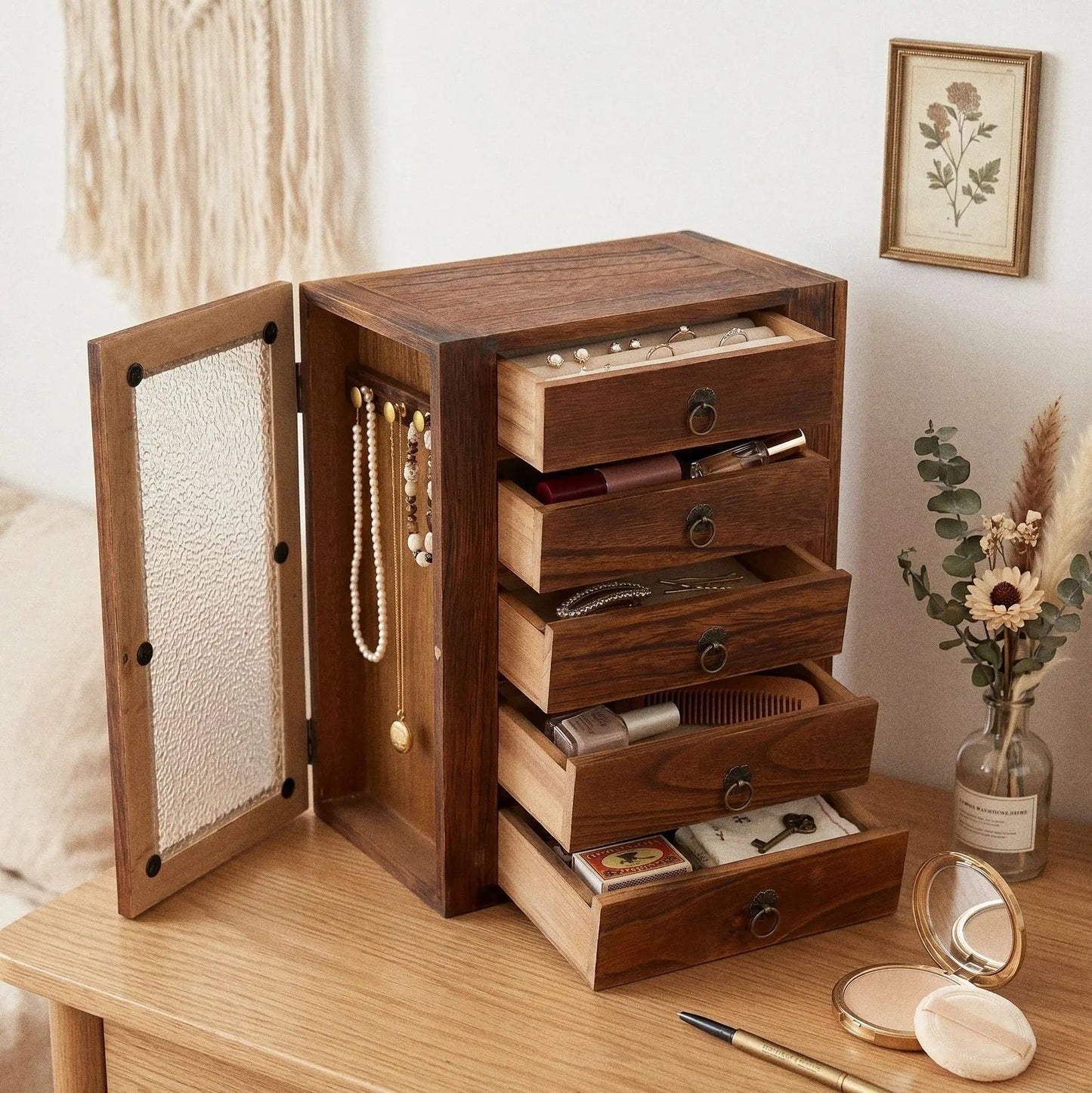 HANDMADE Retro solid wood multi-layer jewelry storage box with drawers, jewelry classification box, dressing table ornaments