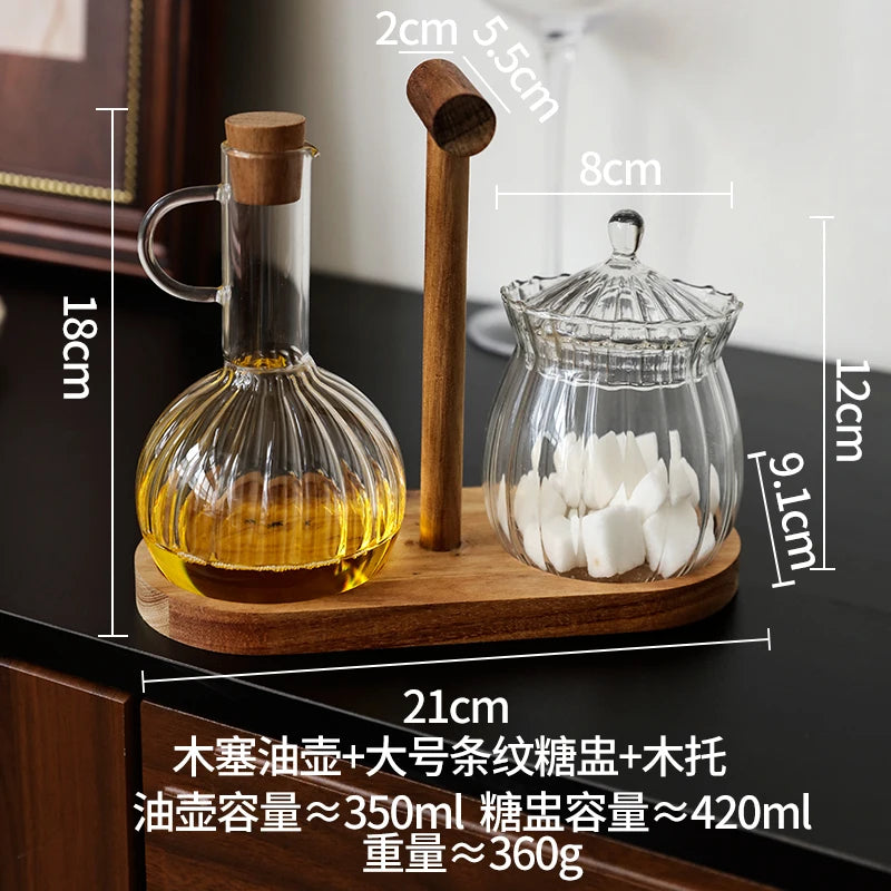 HANDMADE Glass Oil Pan Kitchen Household Wooden Lidseasoning Bottle Storage Rack High-temperatureresistant Storagetanksoysauce Bottle Set