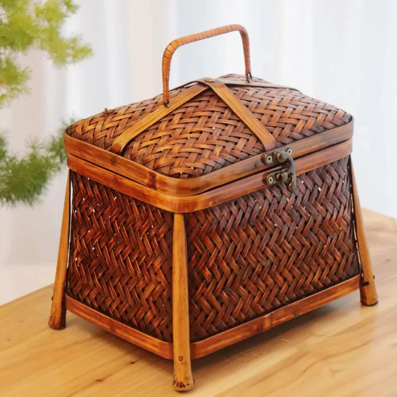 Handmade Bamboo CHEST Storage Box Natural Bamboo Basket Multipurpose Gift Container Durable Wicker Organizer for Tea Storage