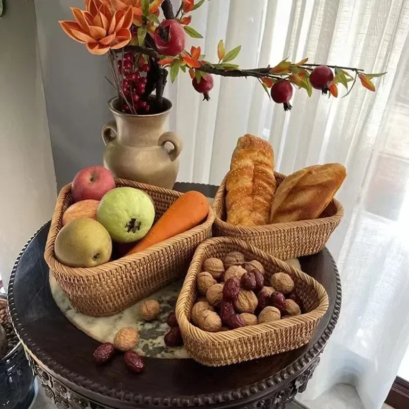 handmade Handwoven Rectangular Rattan Wicker Basket Fruit Tea Snack Bread Picnic Cosmetic Storage Box Kitchen Supplies Household Tools