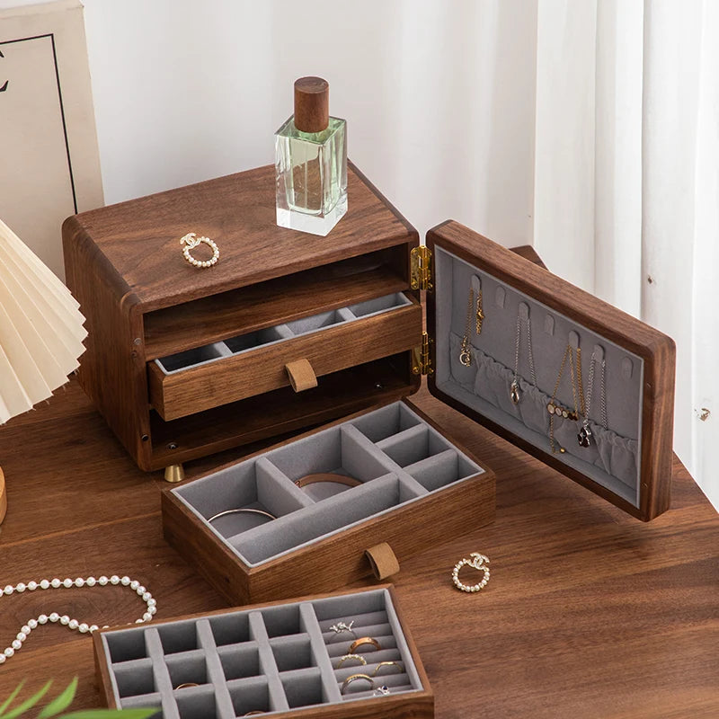 HANDMADE Black Walnut Jewelry Box Multi-Layer Jewelry Organizer Solid Wood Premium Ring Earring Display Case Retro Jewelry Storage Chest