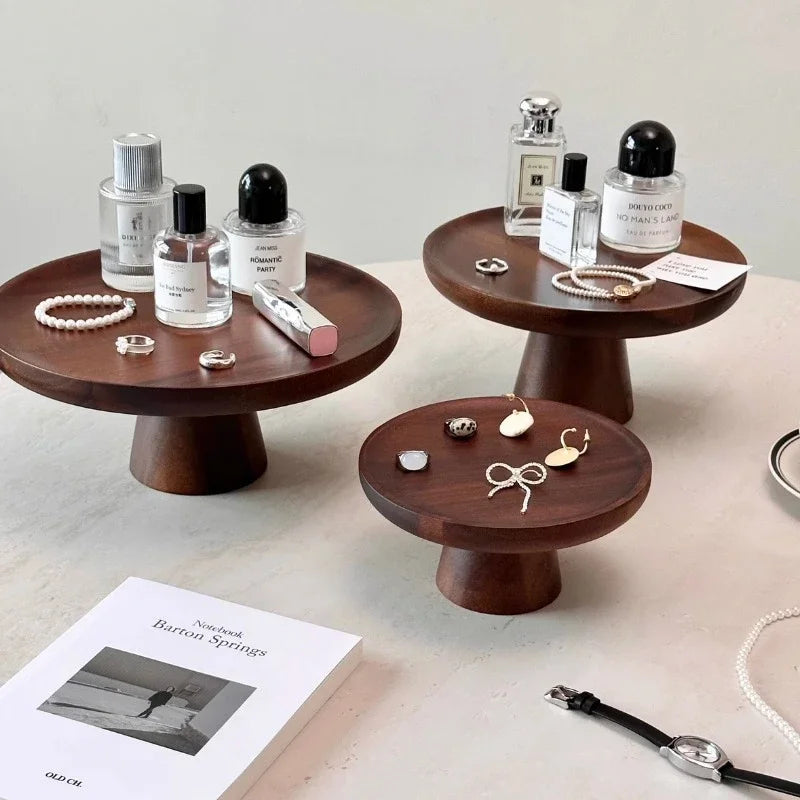 handmade Solid Wood Perfume Rack Living Room Dim Sum Dish Retro High Foot Jewelry Tray Walnut Color Dessert Table Display Wood Fruit Tray