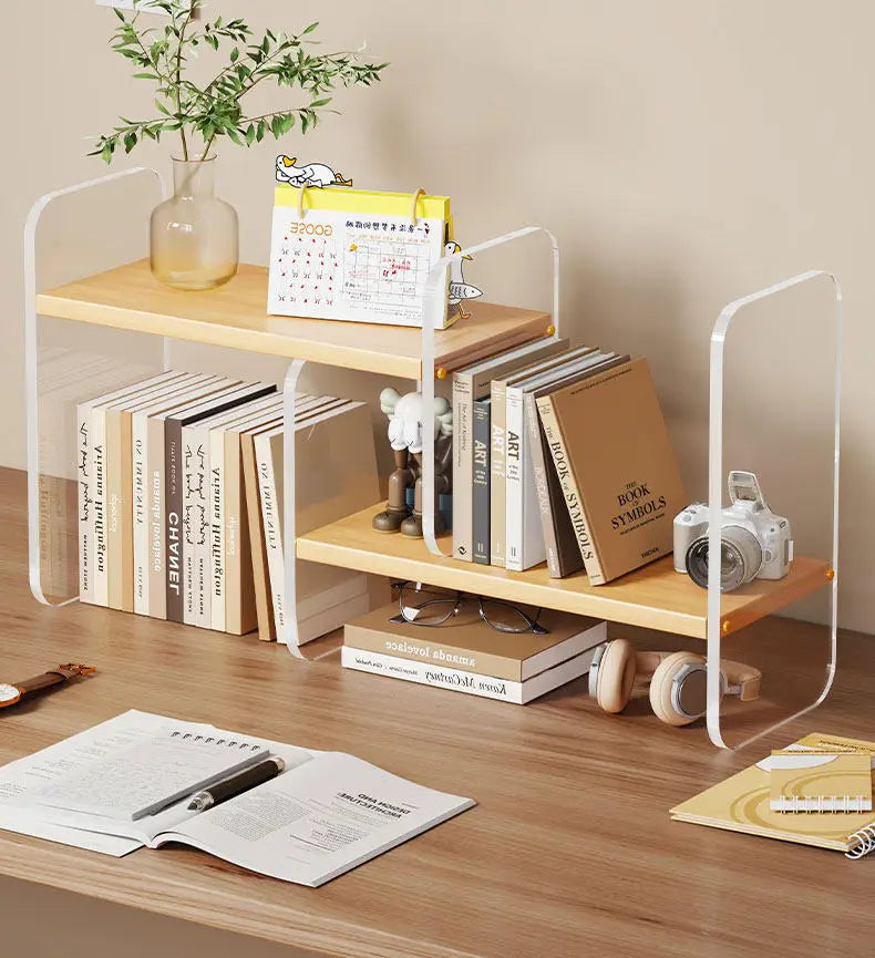 HANDMADE Simple Wood-Based Panel Shelf Sturdy Desktop Bookshelf Expandable Stationery Organizer Heavy-Duty Storage Rack for Office Desk