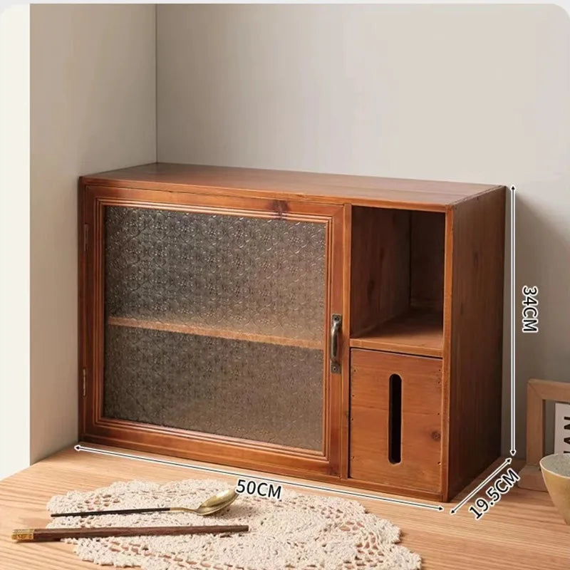 HANDMADE Office storage shelf with tissue box Retro double wooden tea set desktop storage box Cup dustproof cabinet storage box