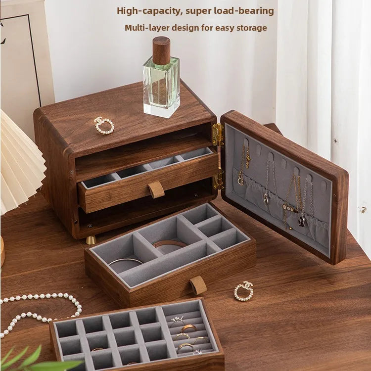 HANDMADE Black Walnut Jewelry Box Multi-Layer Jewelry Organizer Solid Wood Premium Ring Earring Display Case Retro Jewelry Storage Chest