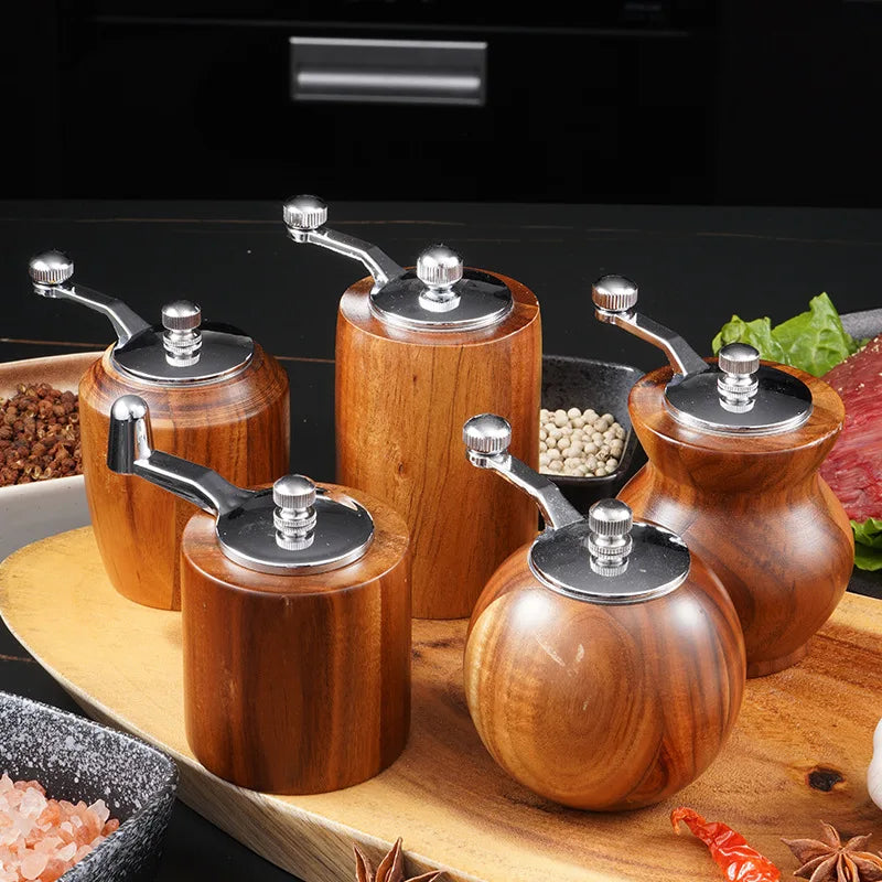 HANDMADE ACACIA WOOD Hand-crank Pepper Grinder,Ceramic Core,Vase/Wine Jar/Sphere Style Spice Pepper Mill,Multi-purpose Salt Shakers,Wooden,BBQ Mill
