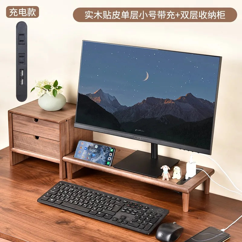HANDMADE OAK WOOD SCREEN HOLDER WITH CHARGERS Desktop Monitor Riser Office Computer Stand with USB Extension Solid Wood Drawer Organizer Space-Saving Storage Frame for Desk