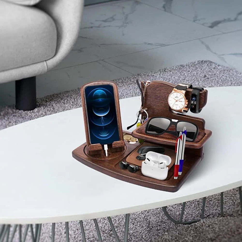 HANDMADE Wooden Standing Type Multi-Tier Tableware Holder Desktop Storage Rack with Charging Function